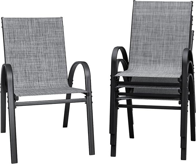 Flamaker Patio Chairs Stackable Dining Chairs Set of 4 Metal and Teslin Outdoor Chairs for Lawn Deck Balcony Porch (Grey) by Flamaker