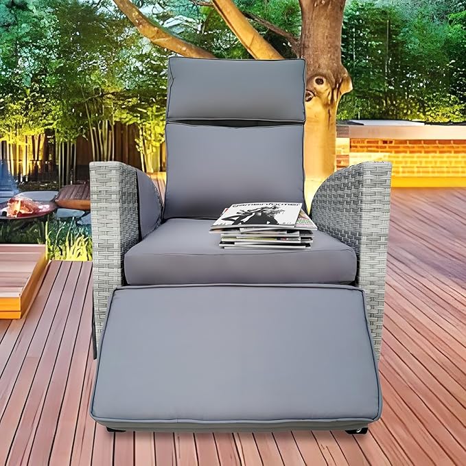 Wicker Outdoor Recliner | 145° Wicker Patio Reclining Chair with 4" Cushion | Air Pump Adjustable Backrest & Footrest, Flip-up Table & Side Pocket for Yard Patio Porch (Gray) - Image 3