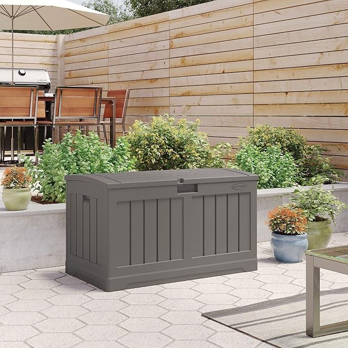 Suncast 50 Gallon Plastic Deck Box with Molded Lockable Feature and Weathertight Construction for Home, Patio, Lawn, and Garden Storage, Gray - Image 4