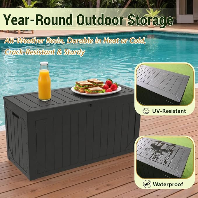 TARKARI 100 Gallon Lockable Resin Deck Box, Waterproof & UV-Resistant Outdoor Storage Box for Outdoor Cushion Storage, Garden Tools & Pool Accessories Storage, Black - Image 3