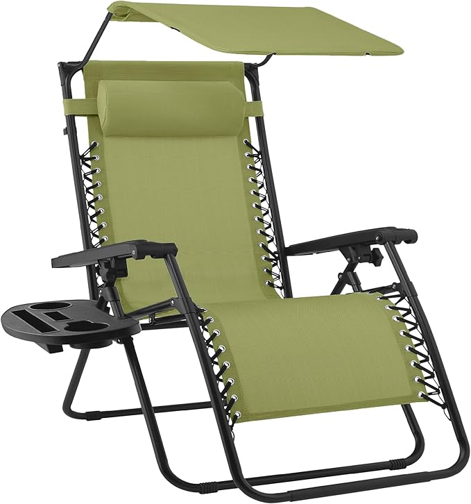 Best Choice Products Folding Zero Gravity Outdoor Recliner Patio Lounge Chair w/Adjustable Canopy Shade, Headrest, Side Accessory Tray, Textilene Mesh - Dusty Green by BestChoiceProducts