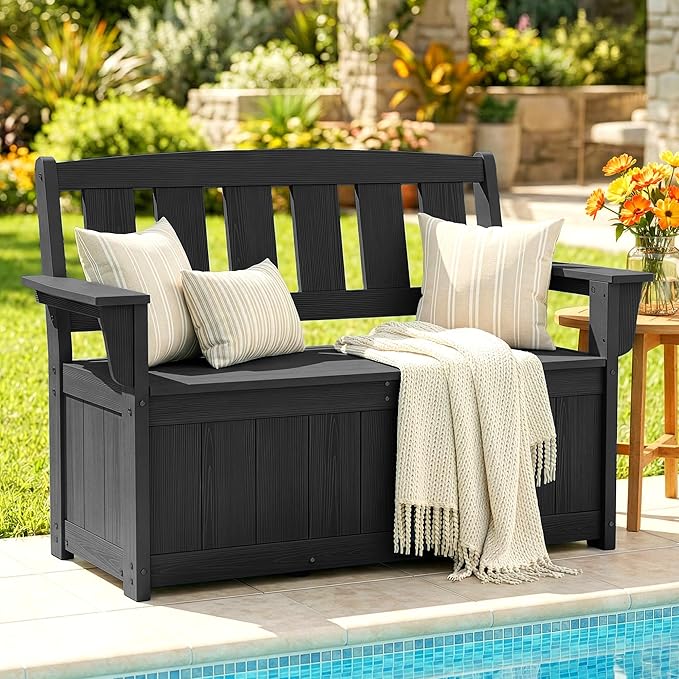 SERWALL HDPE Outdoor Storage Bench, All-Weather, UV-Resistant Deck Box with Waterproof Storage Bags, 57 Gallon Dual-Use Seat & Organizer Deck Boxes for Patio, Garden Tools & Pool (Matte Black) - Image 2