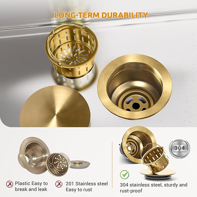 BOTEMY 3-1/2'' Kitchen Sink Drain Assembly Kit, Brass-Finish Sink Drain Strainer - Image 2