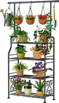GIOTORENT Plant Stand Indoor Outdoor, 4-Tier Heavy Duty Metal Shelves, Display up to 17 Multiple Plants, Tall Plant Holder with Plant Hanger, Suit for Patio Living Room Garden Balcony, 5 Hooks, Black by GIOTORENT