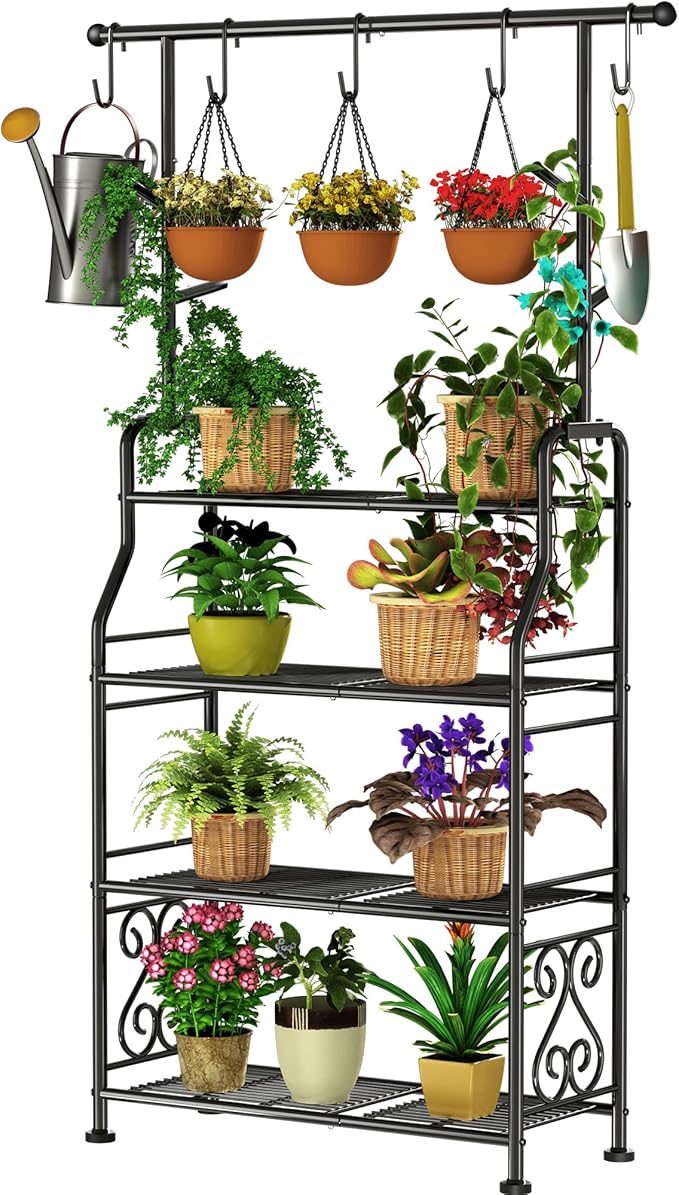GIOTORENT Plant Stand Indoor Outdoor, 4-Tier Heavy Duty Metal Shelves, Display up to 17 Multiple Plants, Tall Plant Holder with Plant Hanger, Suit for Patio Living Room Garden Balcony, 5 Hooks, Black by GIOTORENT
