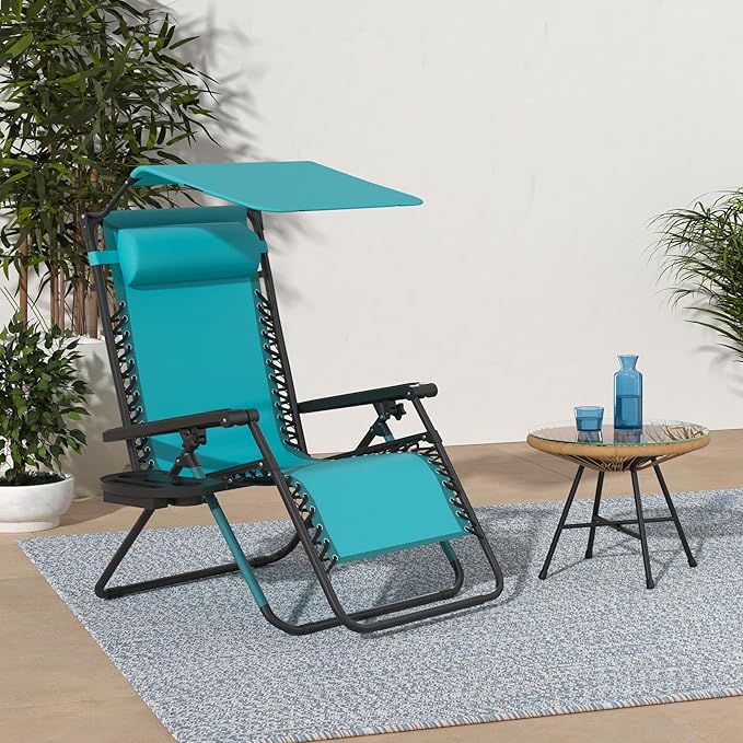 Best Choice Products Folding Zero Gravity Outdoor Recliner Patio Lounge Chair w/Adjustable Canopy Shade, Headrest, Side Accessory Tray, Textilene Mesh - Peacock Blue - Image 2