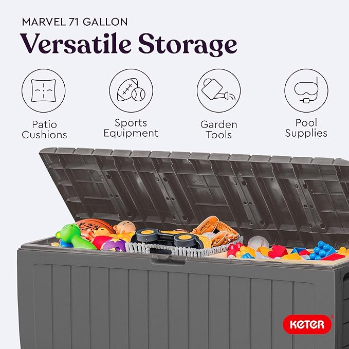 Keter Marvel Plus 71 Gallon Resin Outdoor Storage Box for Patio, Balcony & Garden – Weather‑Resistant Deck Box for Cushions, Pillows, Pool Floats & Tools, Light Grey - Image 5