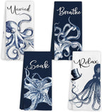 Navy Blue Octopus Coastal Beach Hand Towels, Ocean Octopus Unwind Breathe Relax by Unknown
