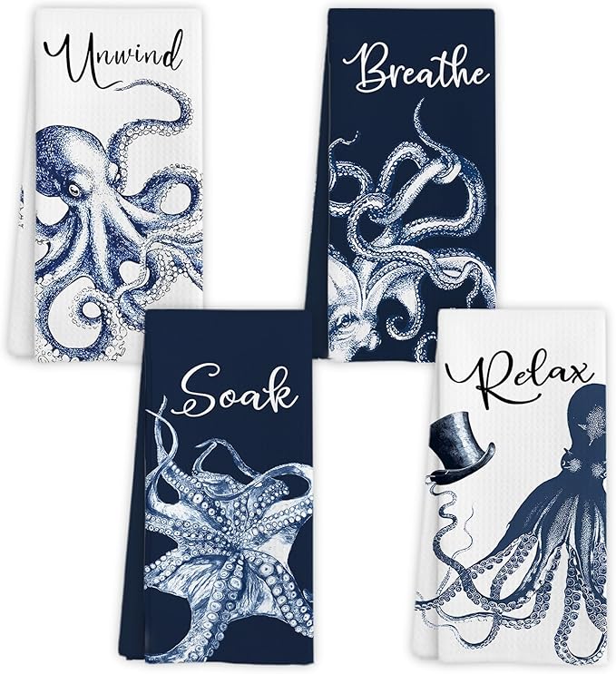 Navy Blue Octopus Coastal Beach Hand Towels, Ocean Octopus Unwind Breathe Relax by Unknown