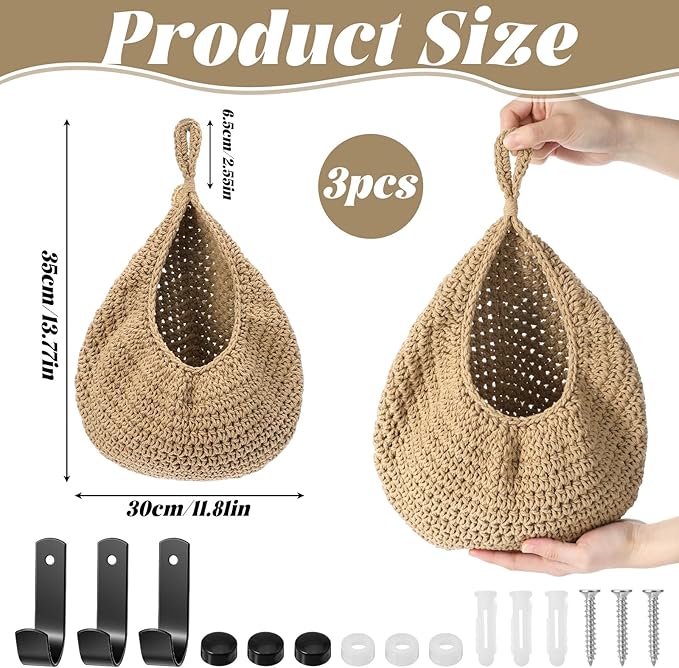 3 Pcs Larger Boho Wall Hanging Fruit Baskets - Image 2