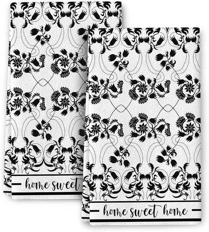 Black Kitchen Towels Decorative Set of 2, Absorbent Boho Floral Dish Towels by Wovoto