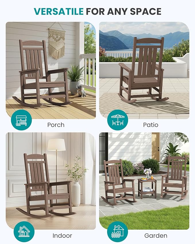 SERWALL HDPE Outdoor Rocking Chair for Adults, Heavy Duty Patio Rocking Chair, All-Weather Oversized Porch Rocker, Brown - Image 9
