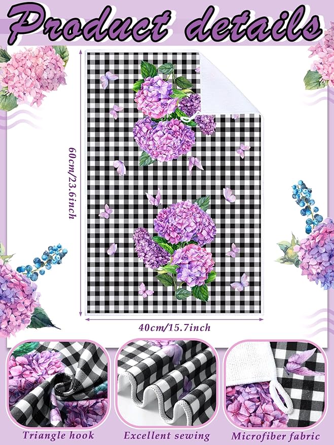 Bencailor 4 Pcs Spring Hydrangea Kitchen Towels Farmhouse Purple Floral Hand - Image 3