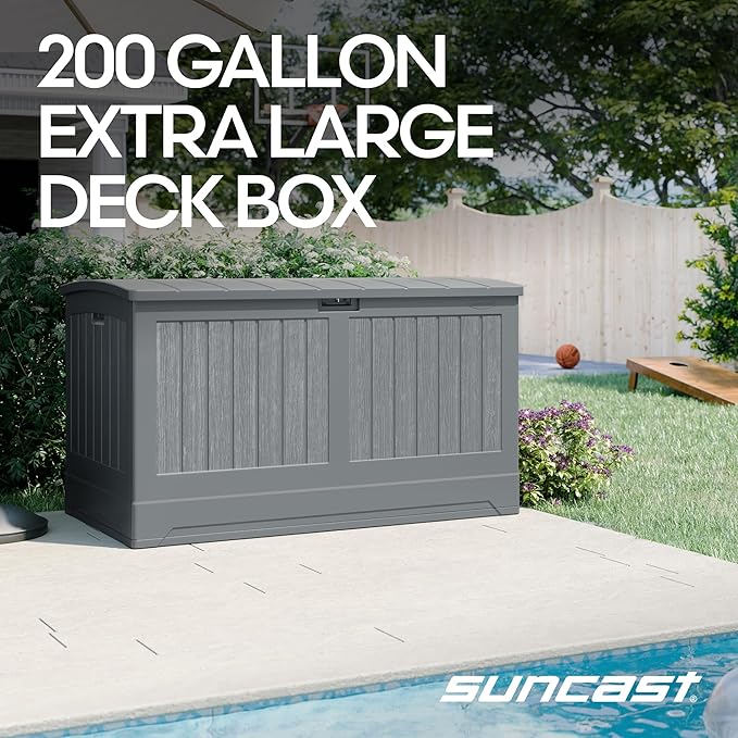Suncast 200-gal. All-Weather Patio Deck Box, Made in the USA, with Pad-Lockable Lid, Extra-Large Outdoor Storage Unit for Patio Furniture and Grill Tools, Dove Gray Color - Image 2
