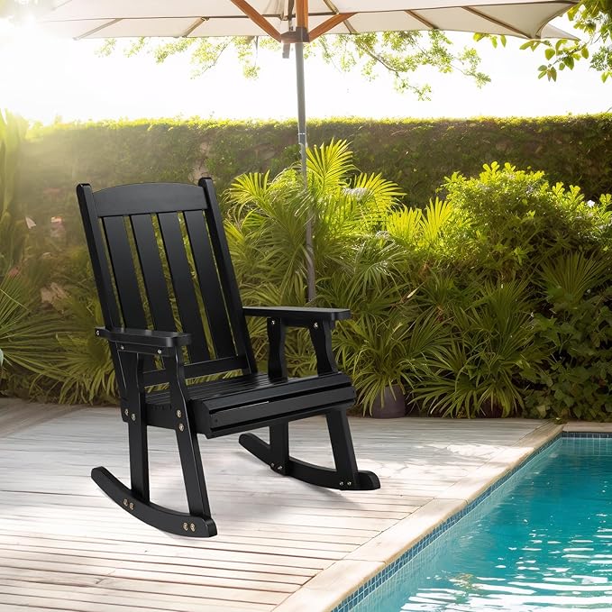 VINGLI Outdoor Rocking Chair Set of 2, Heavy Duty 600 LBS Wooden Rocking Chair with Comfortable Backrest, Weatherproof Rocker with Ergonomic Design, Suit for Patio, Garden, Yard, Black - Image 2