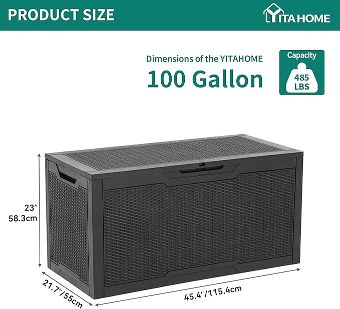 YITAHOME 100 Gallon Resin Deck Box, Weather Resistant Outdoor Storage Box, Lockable Indoor Outdoor Storage for Supplies and Essentials, Black - Image 7