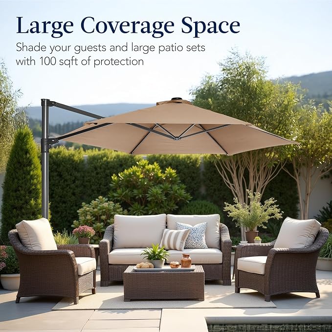 Best Choice Products 10ft Offset Cantilever Hanging Market Patio Umbrella, Smooth 360° Rotation, 8 Sturdy Ribs, Easy Adjustment - Tan - Image 4