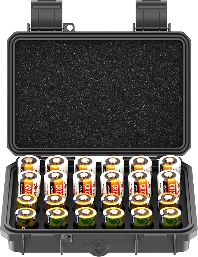 24 Slots CR2 CR123 CR123A Lithium Battery Organizer Case, IP67 Waterproof Hard by KIWIFOTOS
