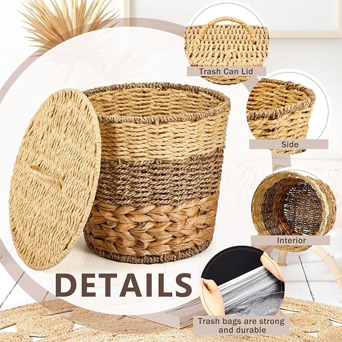 Ctosree 2 Pcs Wicker Trash Can Basket Woven Waste Basket - Image 4