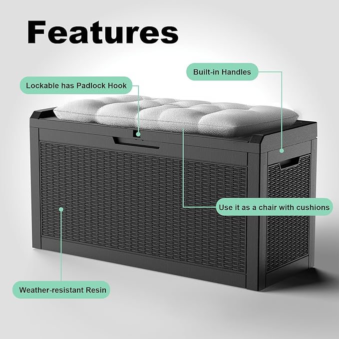 DRATO 60 Gallon Deck Box, Waterproof Resin Large Outdoor Storgae Box for Patio Furniture, Patio Cushions, Gardening Tools, Pool Supplies, Lockable（Black，60 Gallon） - Image 6