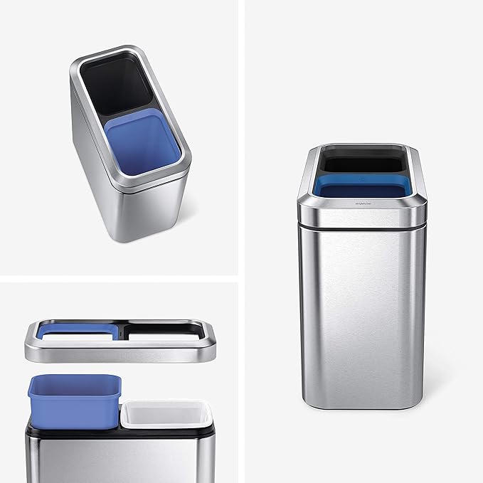 simplehuman 20 Liter / 5.3 Gallon Dual Compartment Recycling Can, Slim Open Top - Image 2