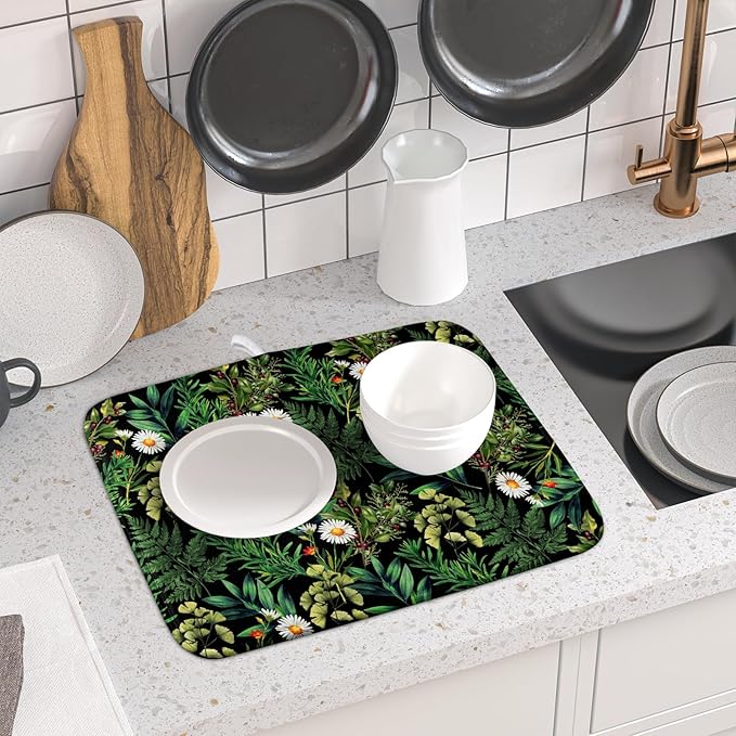 Green Botanical Dish Drying Mat 16x18 Inch Plant Leaf Fast Dry Dish Drainer - Image 6