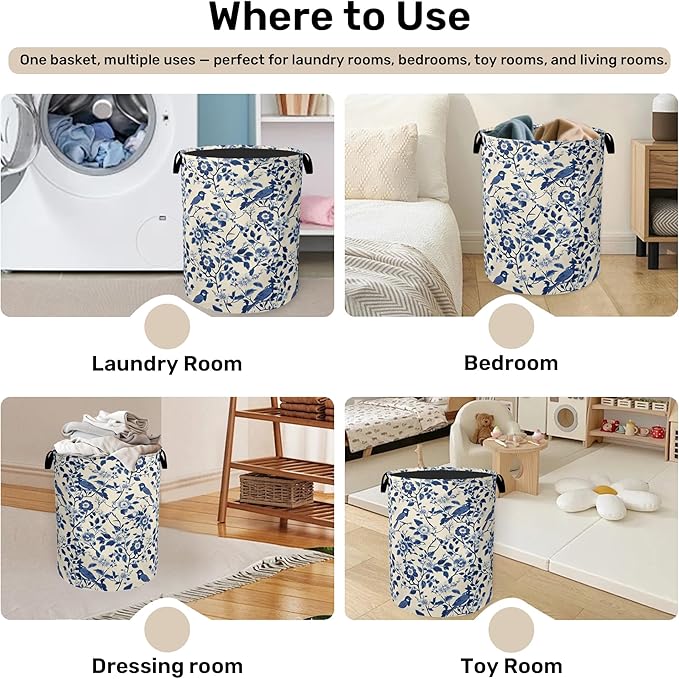 Navy Blue Beige Birds Laundry Basket - Image 4