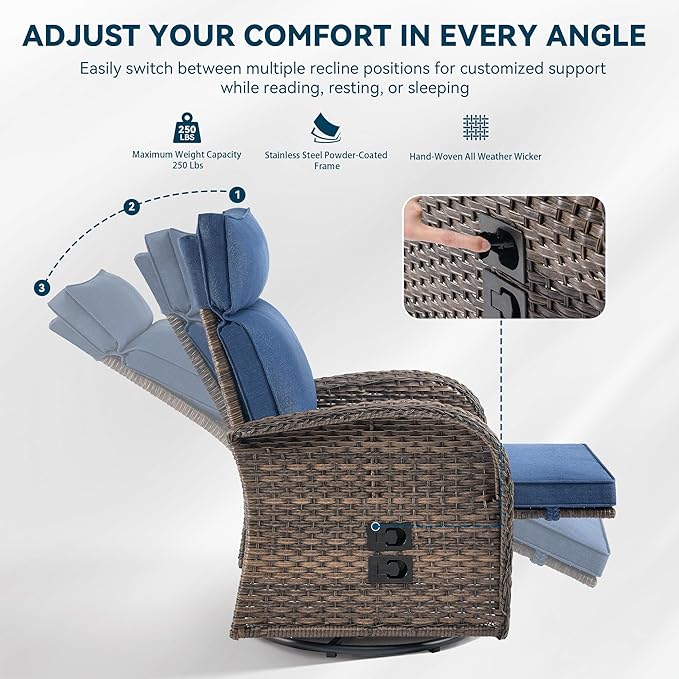 3 Pieces Zero Gravity Patio Swivel Rocking Recliner Chairs Set of 2 - Wicker Outdoor Lounge Chair with Side Table, Adjustable Backrest & Footrest, High Back Outdoor Recliner Chair for Pool Deck Blue - Image 6