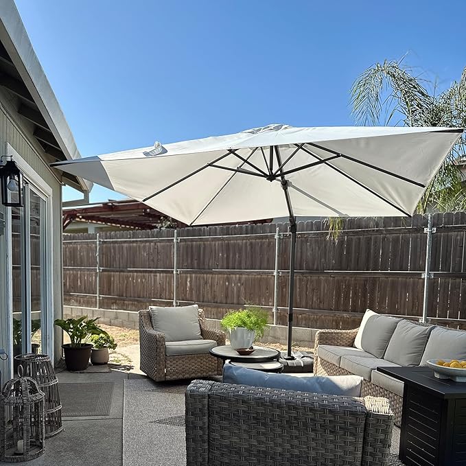 PURPLE LEAF 9.8' X 9.8' Patio Umbrella with Base Outdoor Cantilever Swivel Square Umbrella with Tilt Aluminum Offset Umbrella with 360-degree Rotation for Garden Deck Pool Patio White by PURPLELEAF