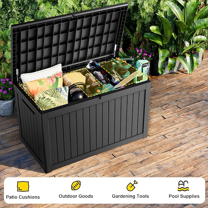 ROJIK Outdoor Storage Housing Deck Box - Waterproof Patio Furniture, Garden Tools, Cushions, Pool Accessories Storage Bench with Lockable Lid and Side Handles (Black 238 Gal) - Image 7