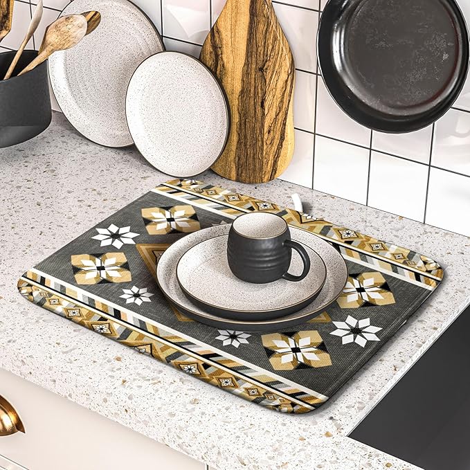 Boho Yellow Gray Aztec Dish Drying Mat - Image 5