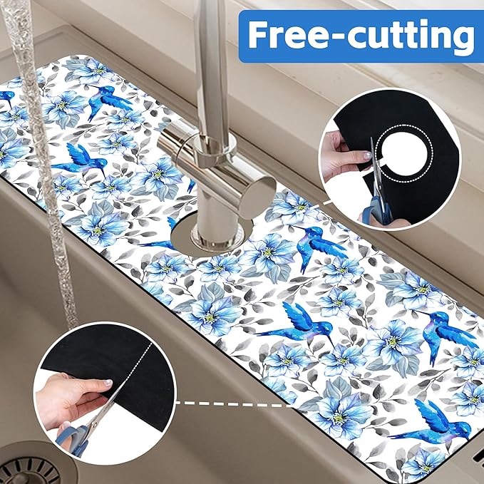 Kitchen Sink Splash Guard Faucet Mat Blue Floral and Hummingbird Absorbent Fast - Image 7