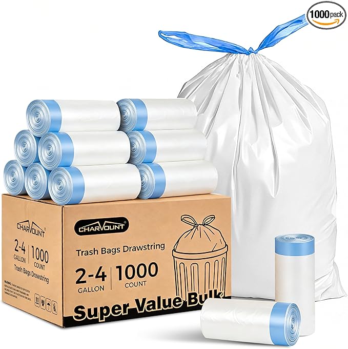 Charmount Small Trash Bags 4 Gallon-1000 Count Drawstring Mini Garbage Bags by CHARMOUNT