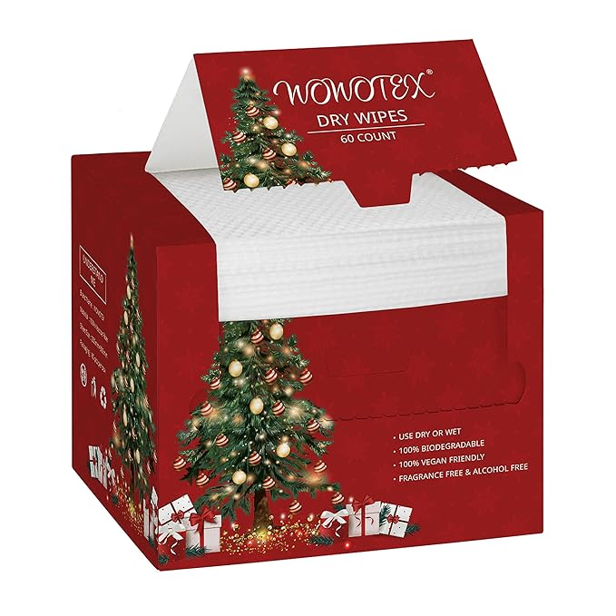 Christmas Style WOWOTEX Disposable Face Towel Biodegradable Large Dry Wipes 60 by WOWOTEX