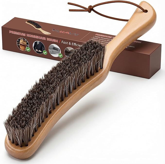 Lint Brush for Clothes with 100% Soft Horse Hair Bristle, Large Beech Wood by TAKAVU