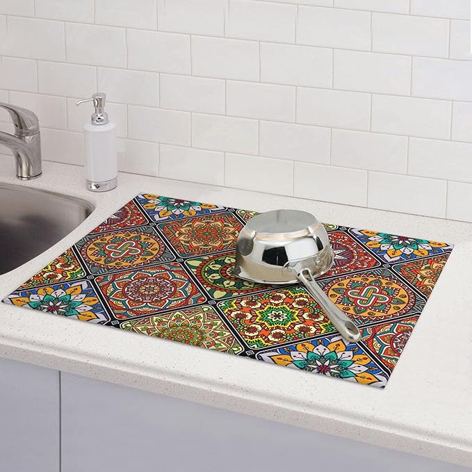 Retro Dish Drying Mat for Kitchen Counter Mandala Colorful Dish Drainer Rack - Image 2