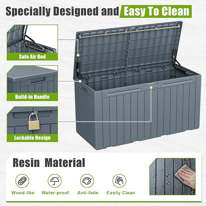 Flamaker Resin Deck Box 100 Gallon Large Lockable Outdoor Storage Box Waterproof for Patio Cushions, Tools, Pool Accessories (Gray) - Image 4
