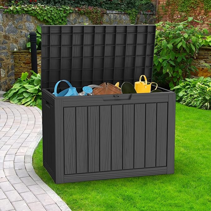 ROJIK Outdoor Storage Housing Deck Box - Waterproof Patio Furniture, Garden Tools, Cushions, Pool Accessories Storage Bench with Lockable Lid and Side Handles (Black, 45 Gal) - Image 2