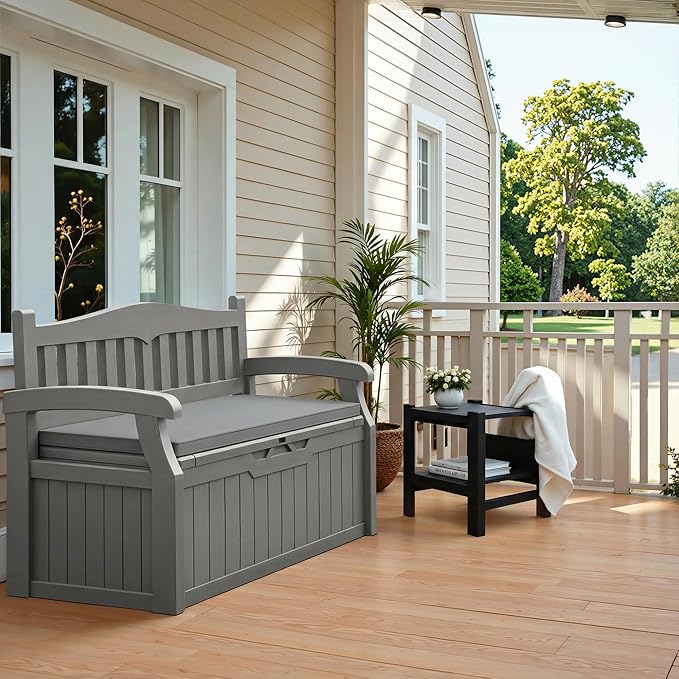 Flamaker 80 Gallon Storage Bench with Cushions Outdoor Indoor, Durable All-Weather Seating with Hidden Storage, Lockable Deck Box for Garden, Patio, Poolside (Grey) - Image 2