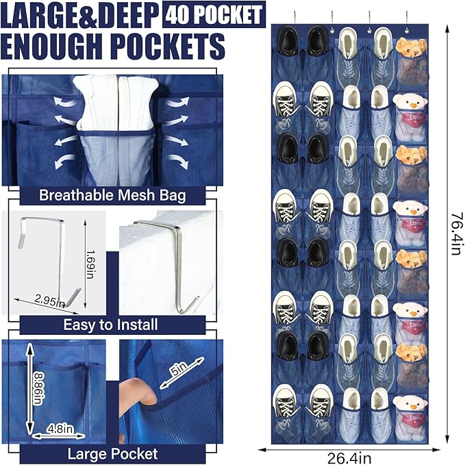 Windyun 40 Large Over the Door Hanging Shoe Organizer Navy Blue Mesh Pockets - Image 2