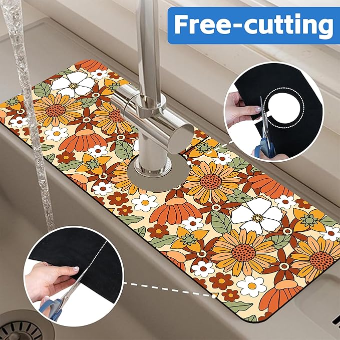 70s Retro Orange Floral Kitchen Sink Splash Guard Mat Absorbent Fast Drying Mat - Image 7