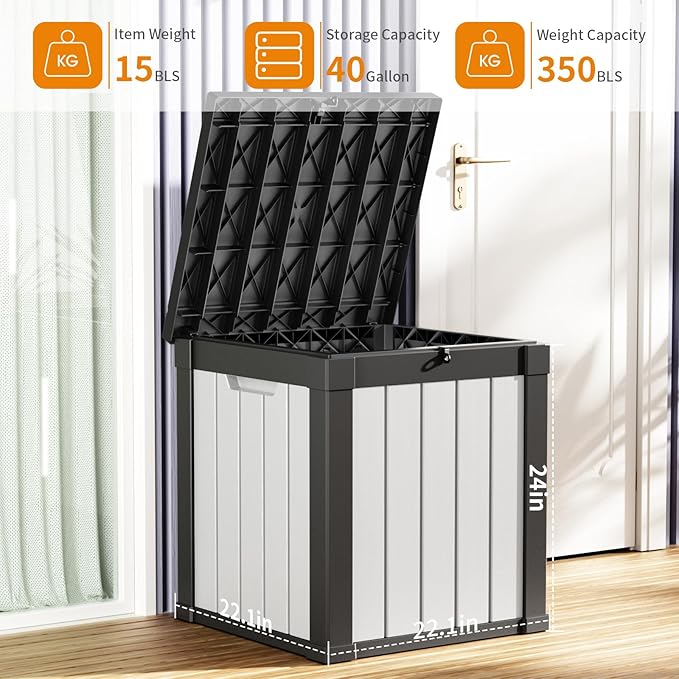40 Gallon Resin Deck Box, Lockable Patio Outdoor Storage Box for Furniture, Garden Tools and Tools Storage, Waterproof Outside Storage Boxes - Black&White - Image 4