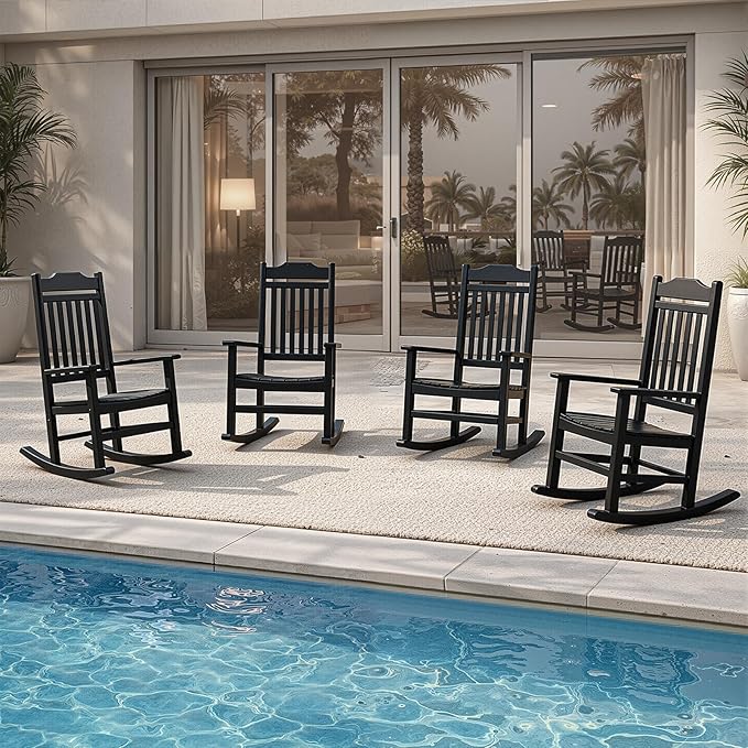 Patio Rocking Chair Outdoor Set of 4,Weather Resistant Poly Resin Oversized Porch Rocker,High Back Smooth Design,350lb Weight Capacity,Indoor Outdoor Use(4, Black) - Image 2
