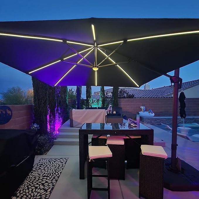 PURPLE LEAF 10 Feet Patio Umbrella with Base Outdoor Cantilever Solar Powered LED Square Umbrella Aluminum Offset Umbrella with 360-degree Rotation for Garden Deck Pool Patio Navy - Image 3