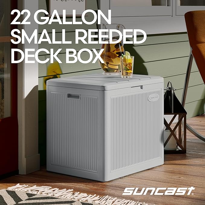 Suncast 22-Gal. Resin Small Outdoor Patio Deck Box with Reeded Design, Modern Outdoor Patio Bench/Storage Box for Cushions, Garden Tools, and More, French Gray - Image 2