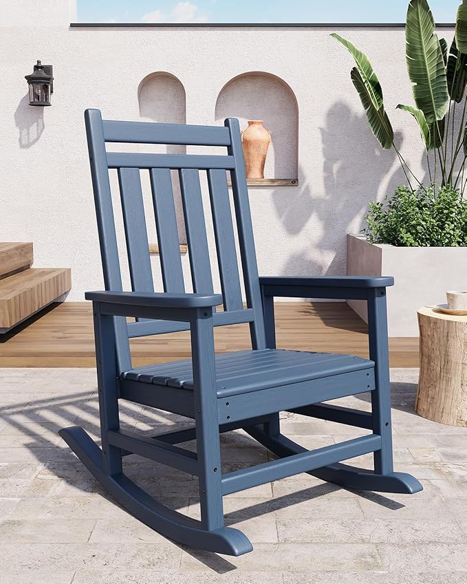 GarveeLife Poly Lumber Rocking Chair Outdoor Set of 4 with 2 Side Table - HDPE High Back Porch Rocker Chairs for Adults - All Weather Resistant Furniture for Patio - Navy Blue - Image 7