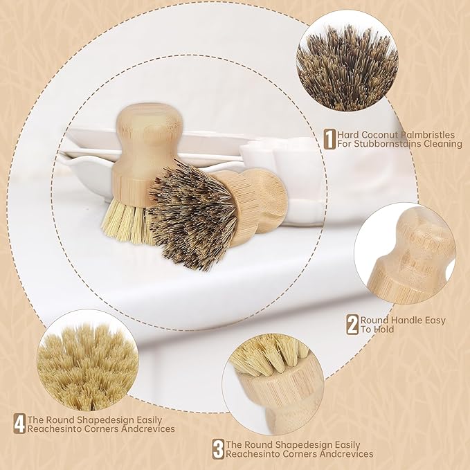 2-Pack Bamboo Dish Brush – Natural Dish Scrub Brush - Image 6