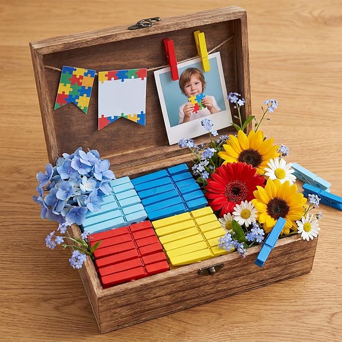 Weysat 120 Pcs Autistic Day Colored Clothes Pins 2.9'' Wooden Funny Clothespins - Image 6