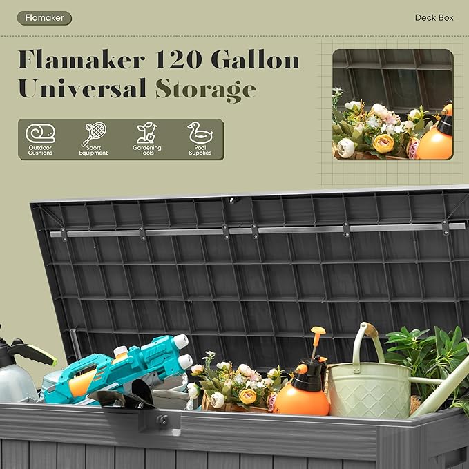 Flamaker Resin Deck Box 120 Gallon Waterproof Large Outdoor Indoor Storage Box Imitation Wood Resin for Patio Furniture Garden Tools and Pool (Gray) - Image 5