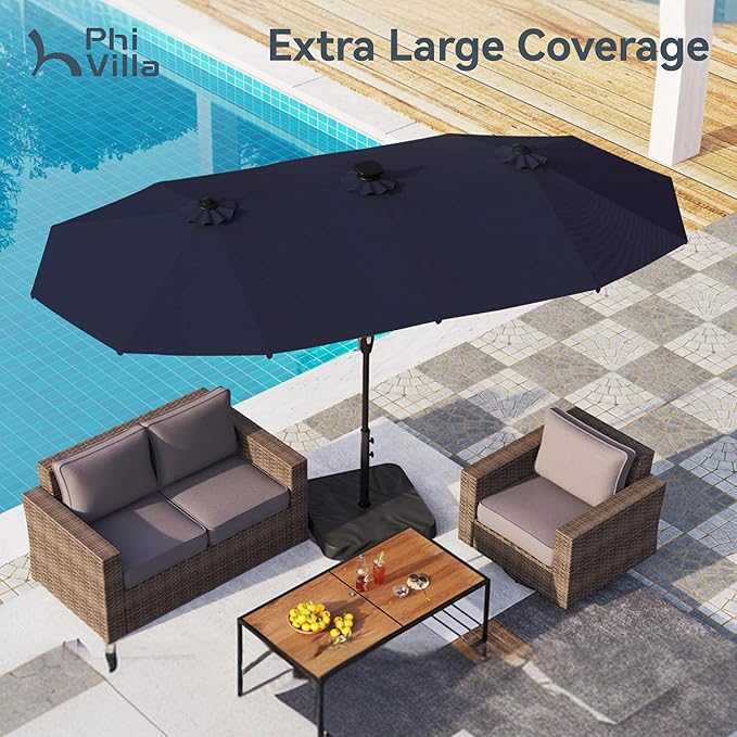PHI VILLA 13ft Patio Umbrella with Solar-Powered 120 PCS LED Color-Changing Lights, Triple-Head Large Rectangle Umbrella Outdoor Patio for Table with Crank Lift,Navy Blue(No Base) - Image 3